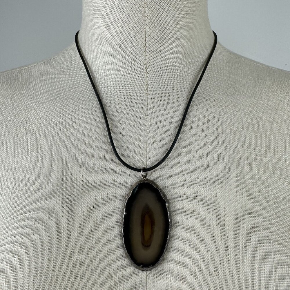Natural Agate Slice Pendant Necklace Black Cord 18" Lobster Clasp Artisan